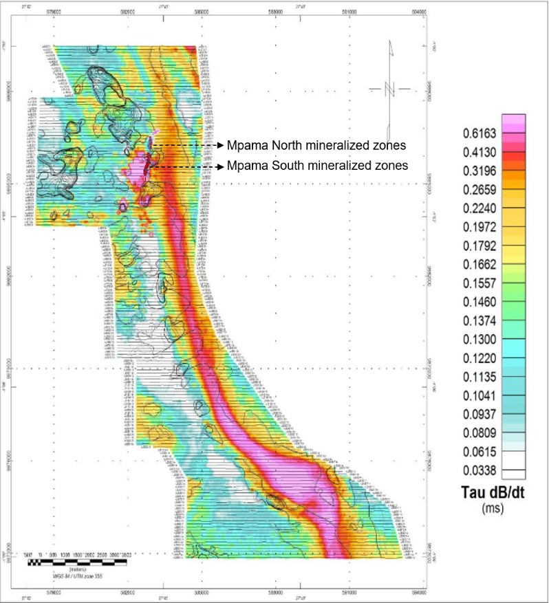 Image 2: East Zone (Mpama Ridge corridor) EM decay-constant (Tau) map with magnetic vertical-gradient contours